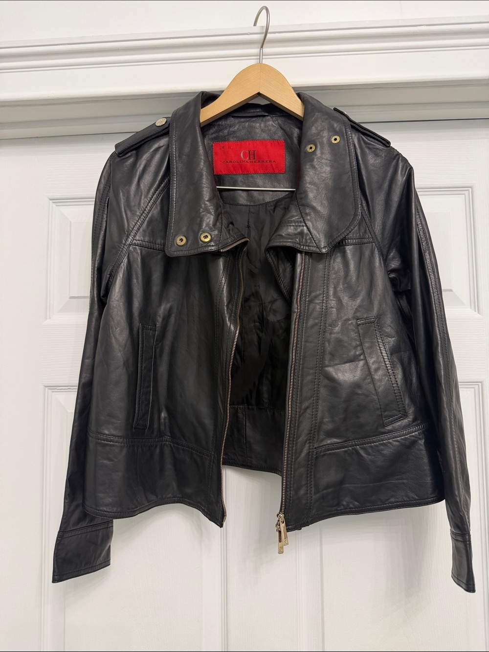 Carolina Herrera Black Leather Moto-Style Jacket